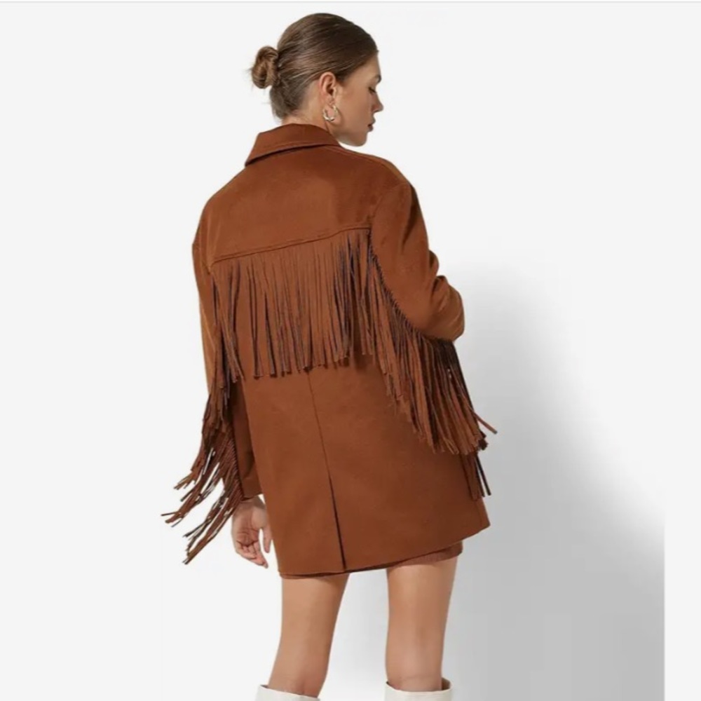 Brown wool fringe coat | Line and dot Jenny double-breasted jacket